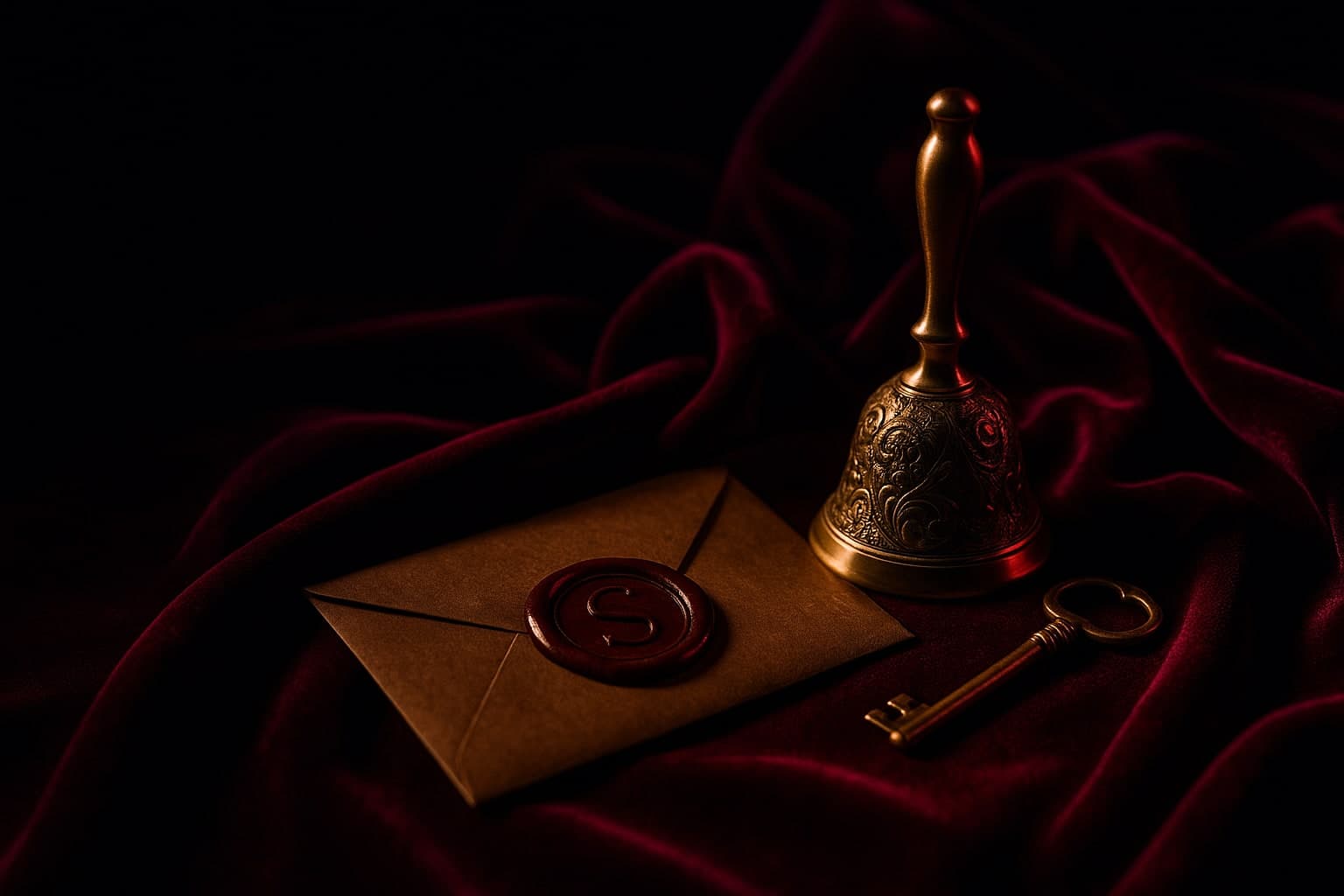 Deep red velvet draped with a wax-sealed letter, an ornate gold bell and an antique key