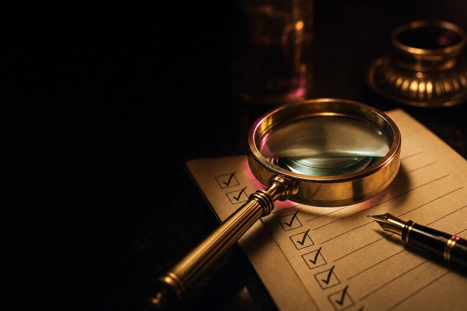 A brass magnifying glass over a checklist