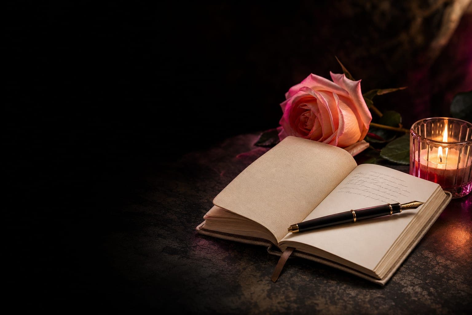 An open cloth-bound journal with a fountain pen and a pink rose