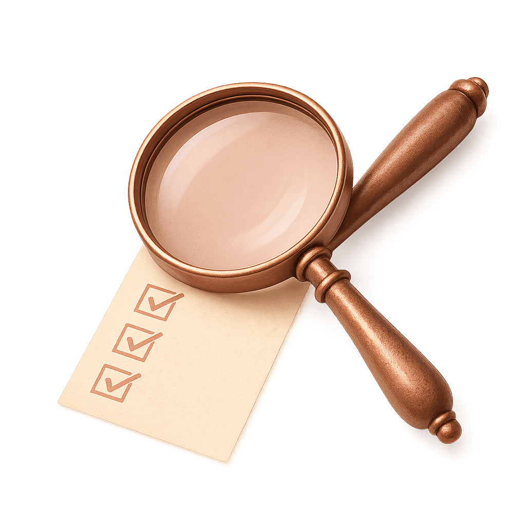 A brass magnifying glass over a checklist