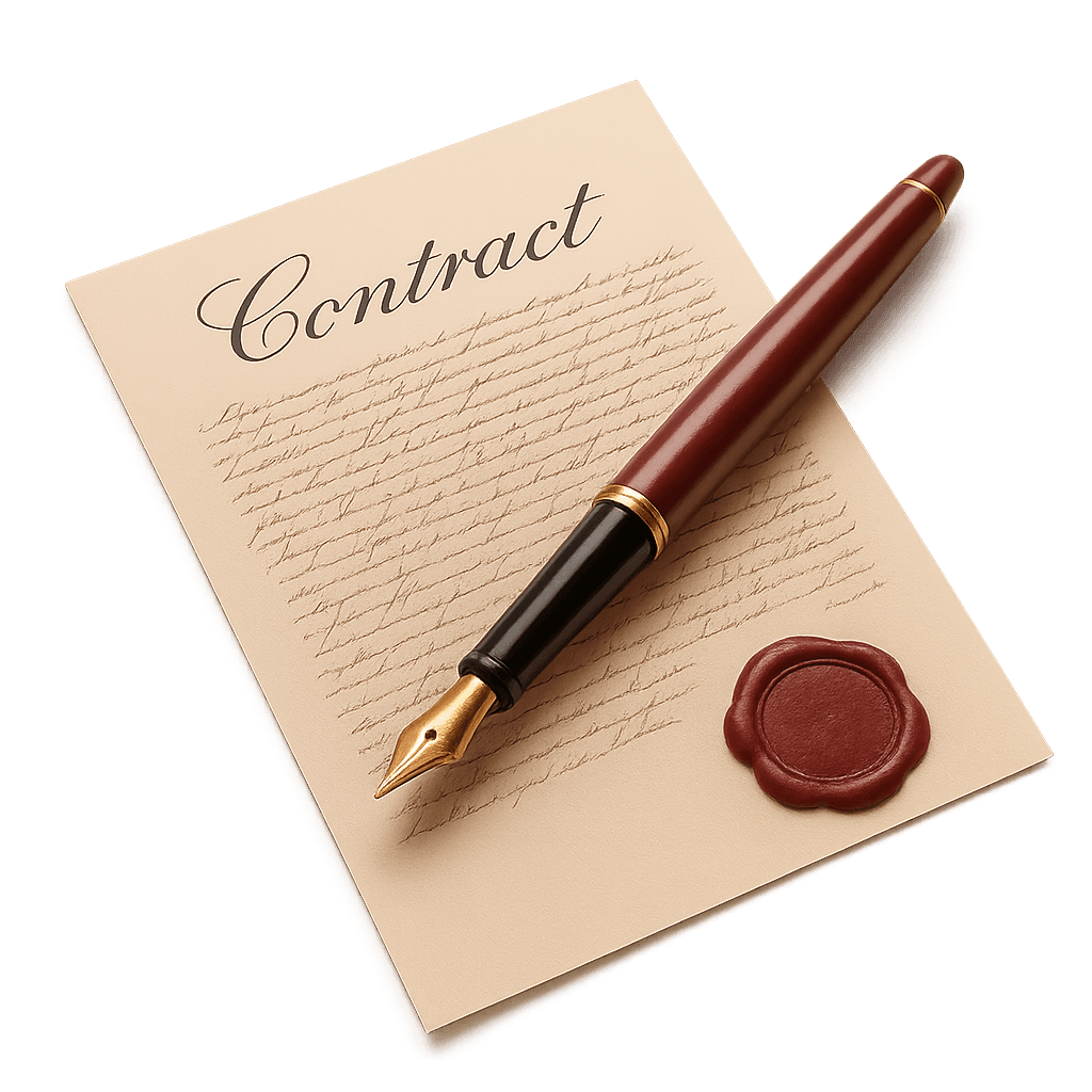 A agreement document with a wax seal and fountain pen